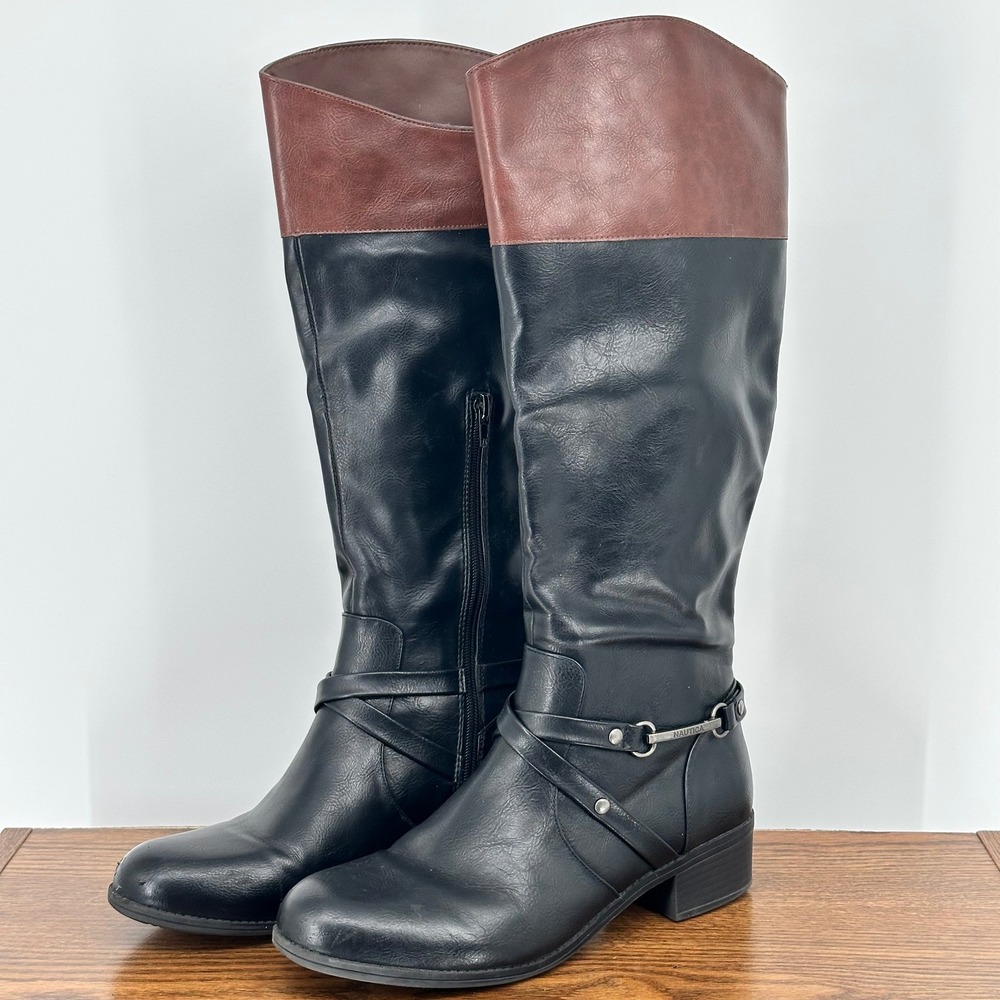 Nautica Womens Tall Riding Boots Black Brown Two Tone Faux Leather Side Zip 9.5